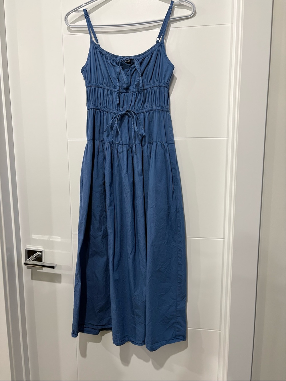 Sleeveless Blue Midi Dress with Smocked Bodice and Tie Waist